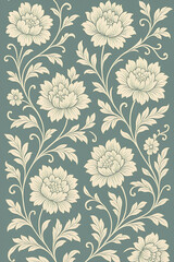 Seamless vintage peony floral pattern with elegant leaves on teal green background. Classic botanical design perfect for textile, fabric, wallpaper, wrapping paper, and surface decoration.