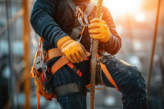Close-up of a worker wearing safety gear and orange gloves climbing a rope with harness and carabiners in an industrial or construction setting with warm sunlight