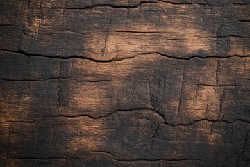 Obraz premium Close-up view of a textured charred wooden surface with cracks and burned patterns showing natural wood grain