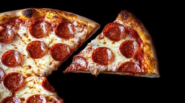 Close-up of a pepperoni pizza with a slice being lifted showing melted cheese and crispy crust on a black background