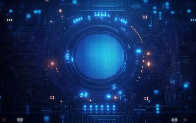 Futuristic glowing blue circular digital interface surrounded by complex circuitry patterns on a dark background conveying technology and innovation
