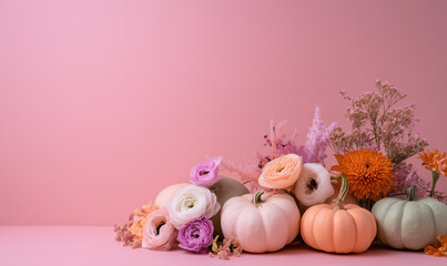 Minimal trendy thanksgiving halloween background, banner with pastel pumpkins with copy space. Autumn holidays decoration arrangement with pastel pumpkins and flowers. 