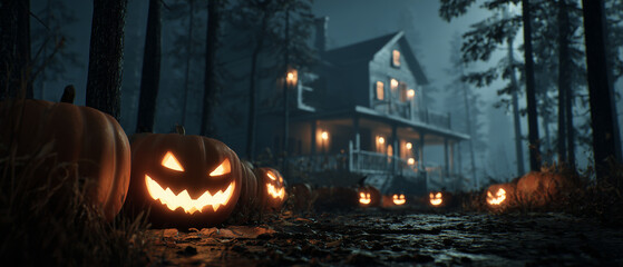 Halloween background with pumpkins and haunted house. Evil Pumpkin. Spooky scary dark Night forrest. Holiday event halloween banner background concept. Unreal Engine.