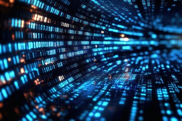 Abstract digital tunnel with glowing binary code numbers creating a futuristic data flow effect in blue and orange lights