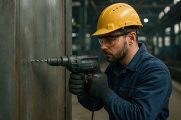 Focused male worker drilling a metal surface in a factory.