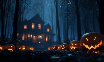 Halloween background with pumpkins and haunted house. Halloween background with Evil Pumpkin. Spooky scary dark Night forrest. Holiday event halloween banner background concept. Unreal Engine.