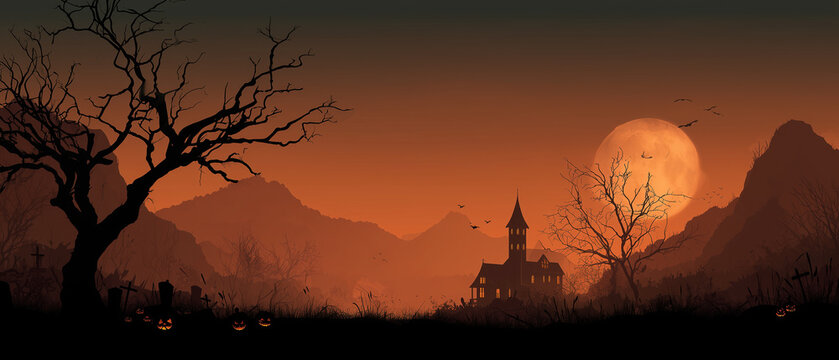 Haunted Halloween landscape. Halloween background. Orange and calid autumn colours.