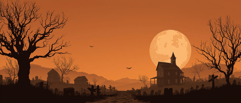 Haunted Halloween landscape. Halloween background. Orange and calid autumn colours.