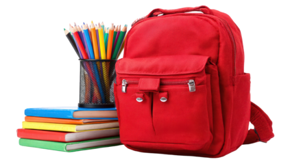 Red Backpack with Colorful Pencils and Stack of Books