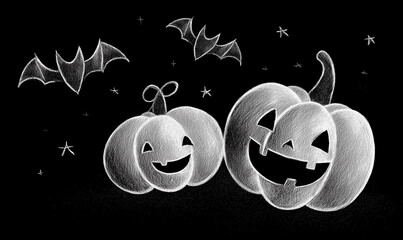 A chalk drawing, cartoon cute Halloween pumpkins and bats on black background, simple lines, white color, flat illustration style.