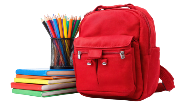 Red Backpack with Colorful Pencils and Stack of Books