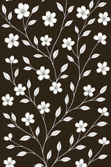 Seamless cherry blossom floral pattern with delicate white flowers and branches on a dark brown background. Elegant botanical design perfect for fabric, wallpaper, wrapping paper, and surface