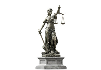 Fototapeta premium Lady Justice Statue: Bronze Sculpture on Pedestal, Legal Symbol, Law and Order Concept isolated on transparent background