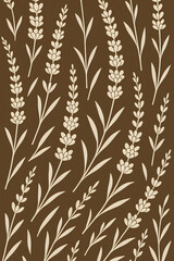 Seamless lavender floral pattern with beige flowers and leaves on brown background. Elegant botanical design for textile, fabric, wallpaper, wrapping paper, and surface decoration.
