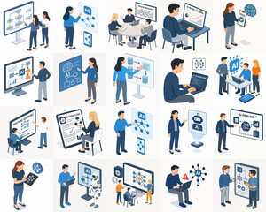 Isometric People Discussing Business Strategy on Whiteboard Presentation Illustration Set