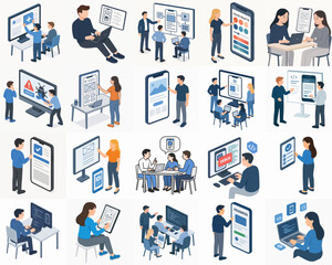 Isometric Workplace Illustration Set with Technology and Collaborative Team Meeting Scene