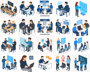 Isometric Group Meeting Teamwork Collaboration Discussion and Brainstorming in Modern Office Illustration