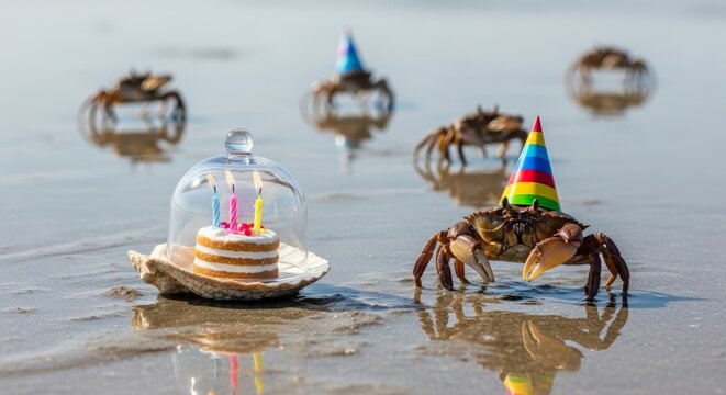 A group of funny crabs celebrates a birthday on a sunny beach, with one wearing a party hat next to a cake. - Powered by Adobe