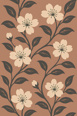 Seamless floral pattern with beige cherry blossom flowers and dark leaves on a warm brown background. Elegant botanical design for textile, wallpaper, fabric, wrapping paper, and decorative projects.