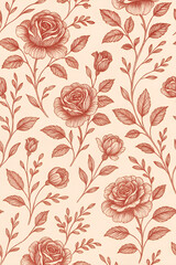 Seamless vintage rose pattern hand-drawn in red ink on beige background. Elegant botanical floral design ideal for fabric, wallpaper, wrapping paper, and classic decorative projects.