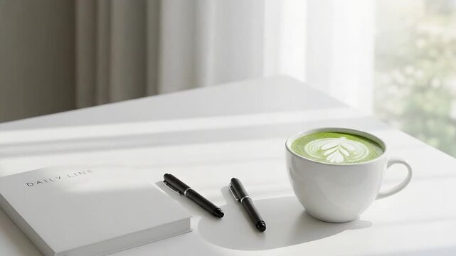 White table with green tea latte notebook and pens