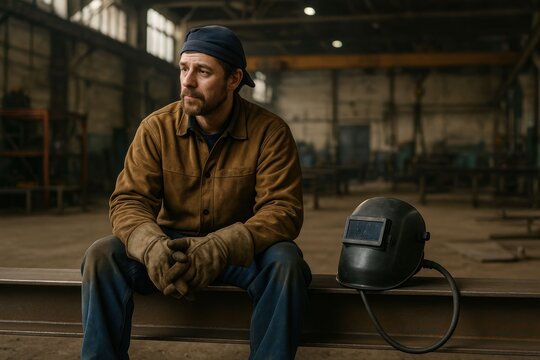 Focused Welder Takes a Break in Industrial Factory.