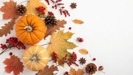 Autumn Flat Lay with Dried Leaves, Pumpkins, Flowers and Rowan Berries on White Background