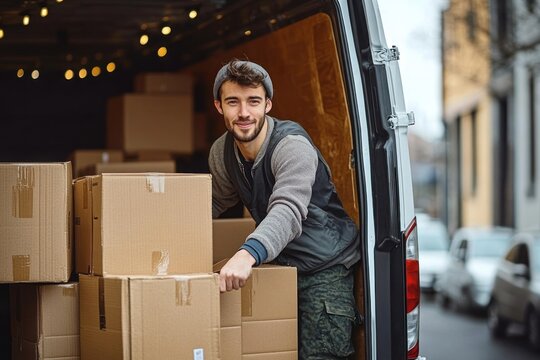 Young man smiling while loading or unloading cardboard boxes from a delivery van on a city street