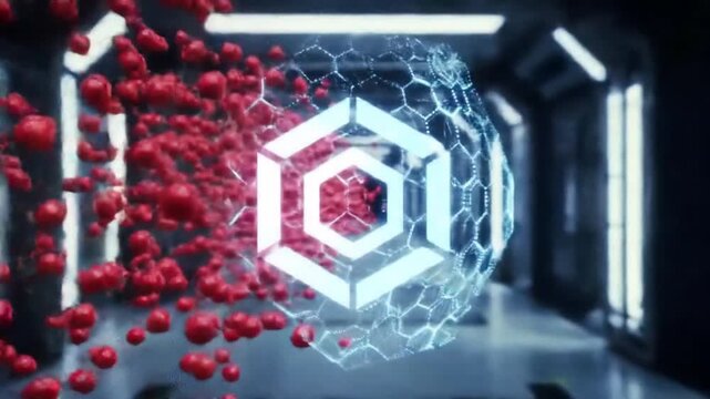 Abstract 3D rendering of a glowing hexagonal sphere with red particles.