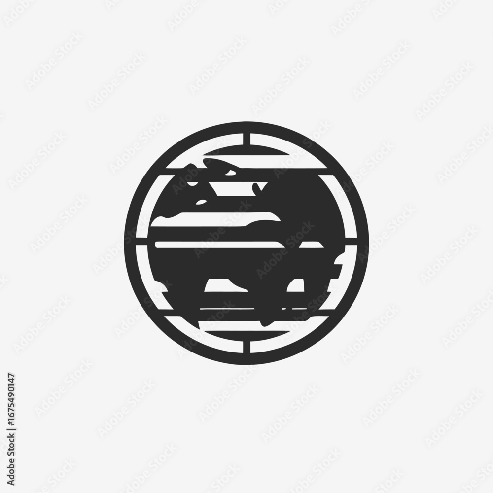 Wall mural abstract rendition featuring graphic elements within round border is a silhouette