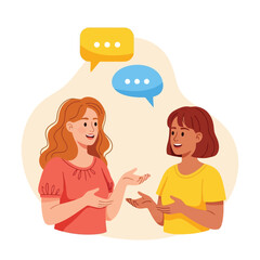 Vector illustration of two women in conversation with speech bubbles in a friendly discussion
