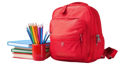 Red Backpack with School Supplies on White Background