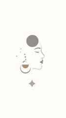 Abstract Line Art Profile of a Woman with Celestial Elements.