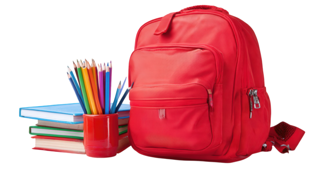 Red Backpack with School Supplies on White Background