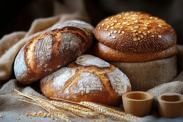 Close-up of artisanal rustic bread loaves with a golden crust and flour dusting, accompanied by oat grains and wooden cups on a textured fabric