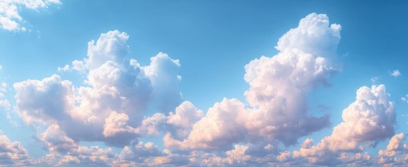 Bright blue sky filled with large, fluffy white clouds illuminated by soft sunlight creating a peaceful and uplifting atmosphere