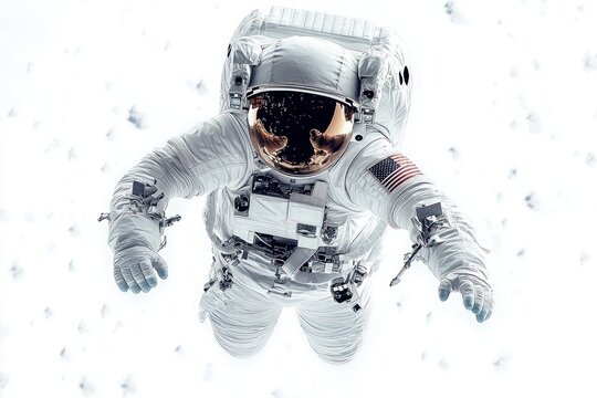 Astronaut floating in space wearing a fully equipped white spacesuit with reflective gold visor and American flag patch, surrounded by bright white background