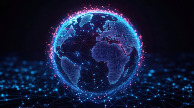 Digital globe of Earth with blue network connections and red glowing nodes illustrating global communication and data exchange