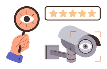 Magnifying glass with an eye, surveillance camera, and rating stars. Ideal for security, monitoring, customer feedback, privacy, quality assurance observation evaluation. Clean simple flat
