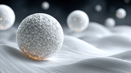 Abstract minimalistic floating geometric mesh spheres on white background with soft lighting, modern technology theme.
