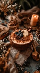 Fototapeta premium A bowl of spiced porridge with banana and blueberries