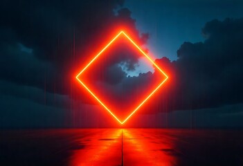 Naklejka premium Futuristic neon orange and yellow illumination with glowing diamond frame in dark space. Abstract vibrant LED design, empty stage room, modern geometric background, bright luminous light effect.