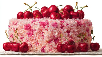 A cherry cake with pink frosting and cherries on top