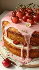 A cherry cake with pink frosting dripping down the sides