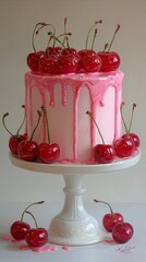 A cherry cake with pink frosting dripping down the sides
