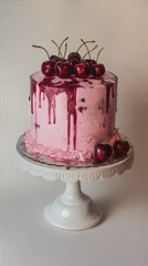 A cherry cake with pink frosting dripping down the sides