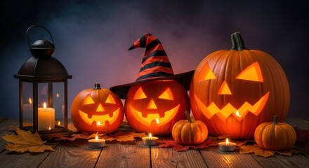 Glowing carved pumpkins with a witch hat and lantern on a wooden table at night