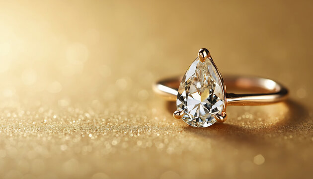 Gold Ring with Pear-Shaped Diamond on Gold Glitter Background