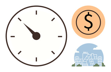 Clock showing time, dollar coin symbol for money, and retail mall for commerce. Ideal for financial planning, time management, retail analytics, consumer behavior, shopping trends, economic concepts
