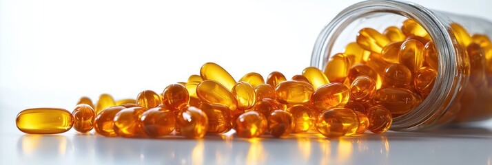 Close-up of an open jar spilling translucent amber gel capsules on a reflective white surface, highlighting smooth texture and glossy finish